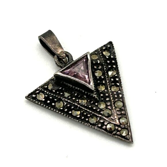 Sterling Silver Triangle Pendant W/ Purple Glass Crystal & Marcasite Accents 925 - Picture 1 of 8